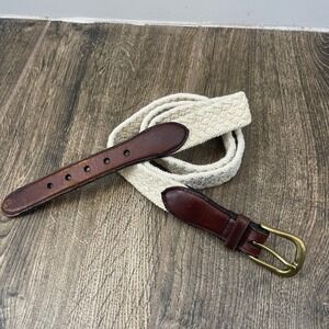 Canterbury Belt Solid Brass Buckle Woven Fabric White Leather 44" Classic Casual